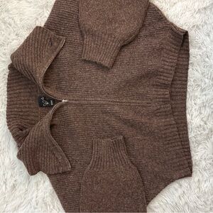 Brown Ribbed Zip-Up Sweater